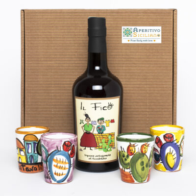 Box Sicilia - Liquore al Ficodindia Siciliano e 4 bicchieri di ceramica decorati a mano